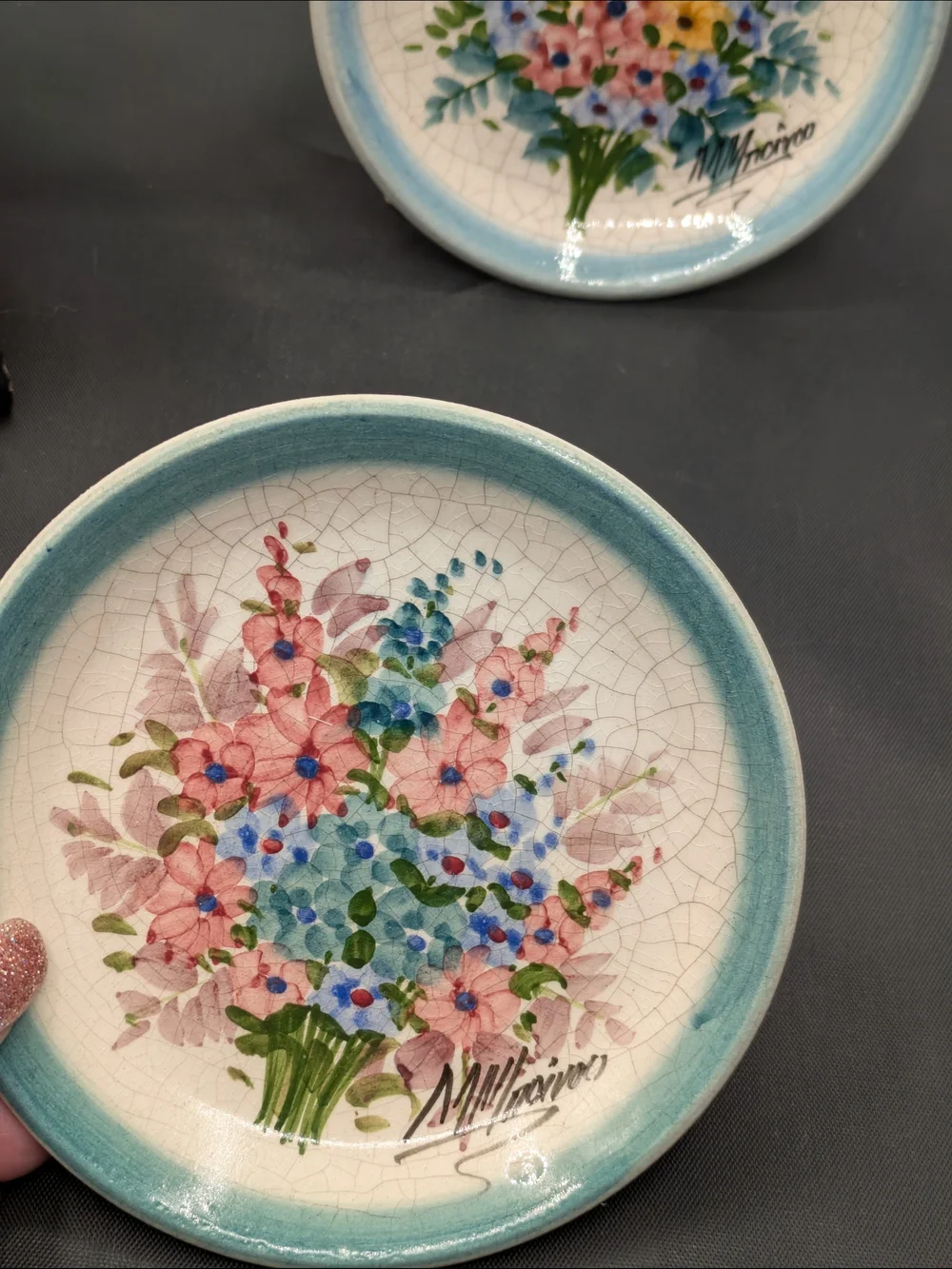 Hand-Painted Floral Ceramic Plates - Blue Trim Vtg Norwegian